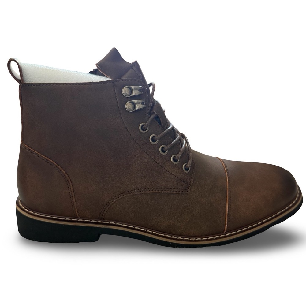 Mens Dark Brown Faux Leather Cap Toe Lace Up Ankle Boots M 8.5 - Picture 2 of 14